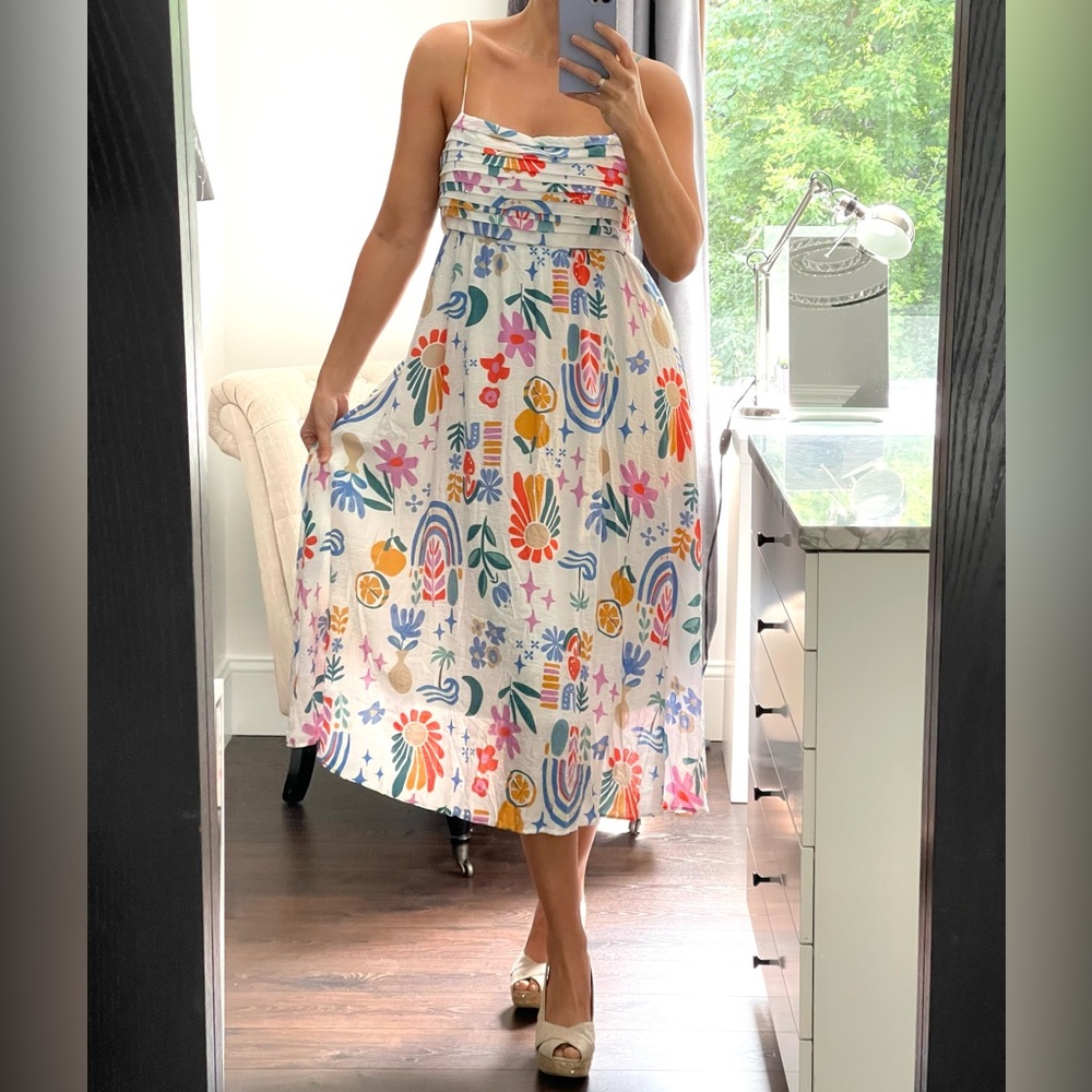 New! Floral Multicolor Midi Woman’s Dress, Thin Straps & Fuller Skirt. Size L